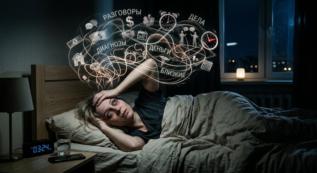 Женщина не может уснуть из-за тревожных мыслей